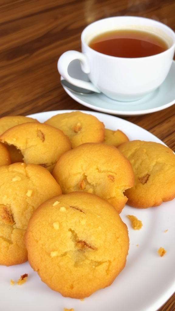 A plate of crispy toasted cookies with a cup of tea on a wooden table.